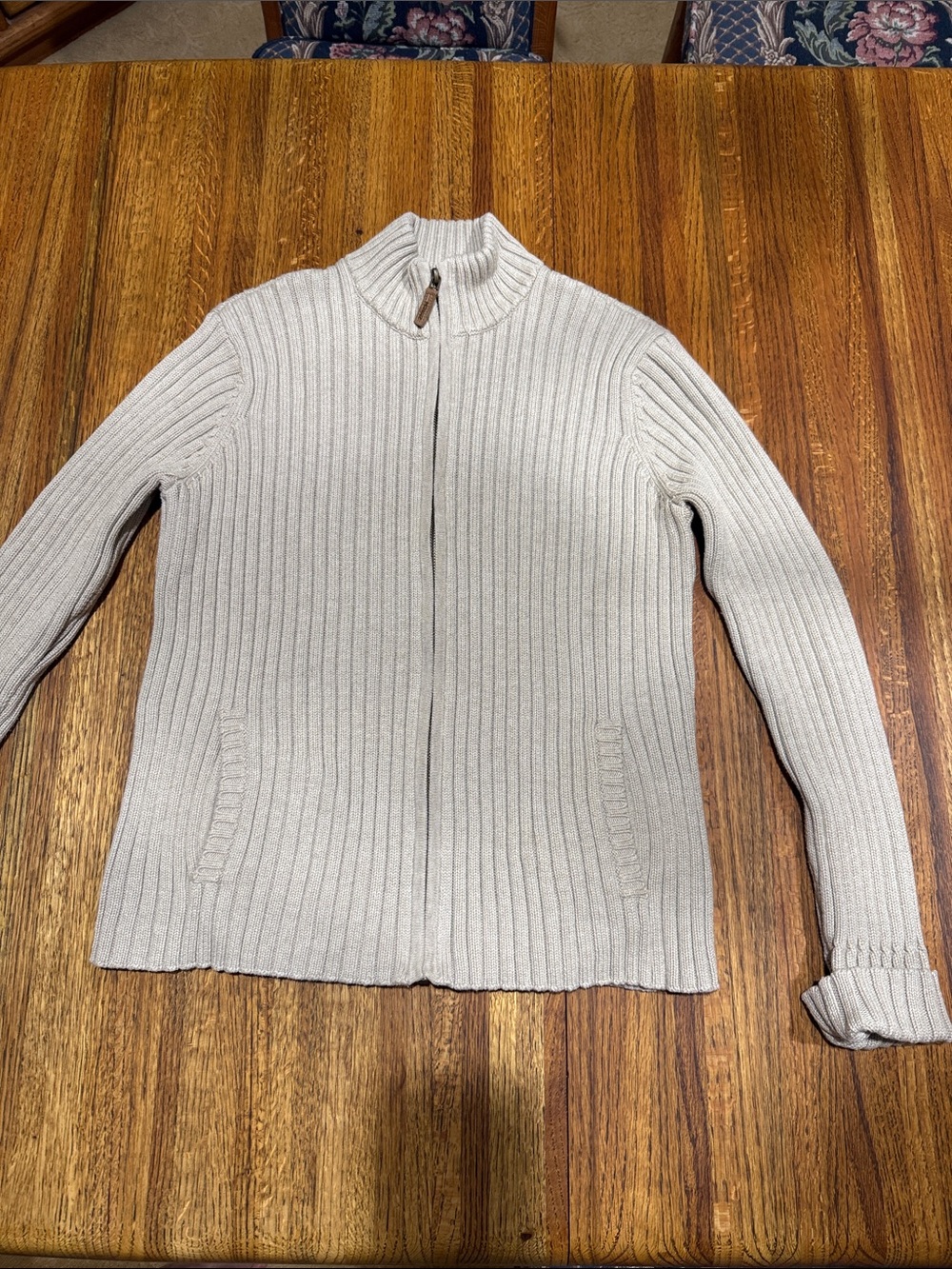 Ralph Lauren Beige  Ribbed Zip-Front Cardigan Sweater. Sz L